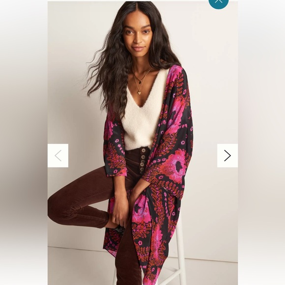 Anthropologie Other - New Anthropologie Amaryllis Duster Kimono Robe Kaftan Pink Black Floral Cover Up